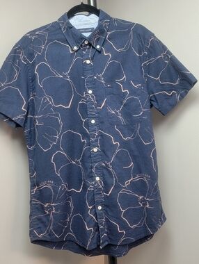 Tommy Hilfiger Navy Blue Pink Mens Short-Sleeve Floral ButtonDown Shirt Top Sz L